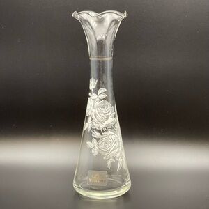 Viking Glass‎ Clear Etched Rose Bud Vase 8.5” Vintage Mid Century Modern